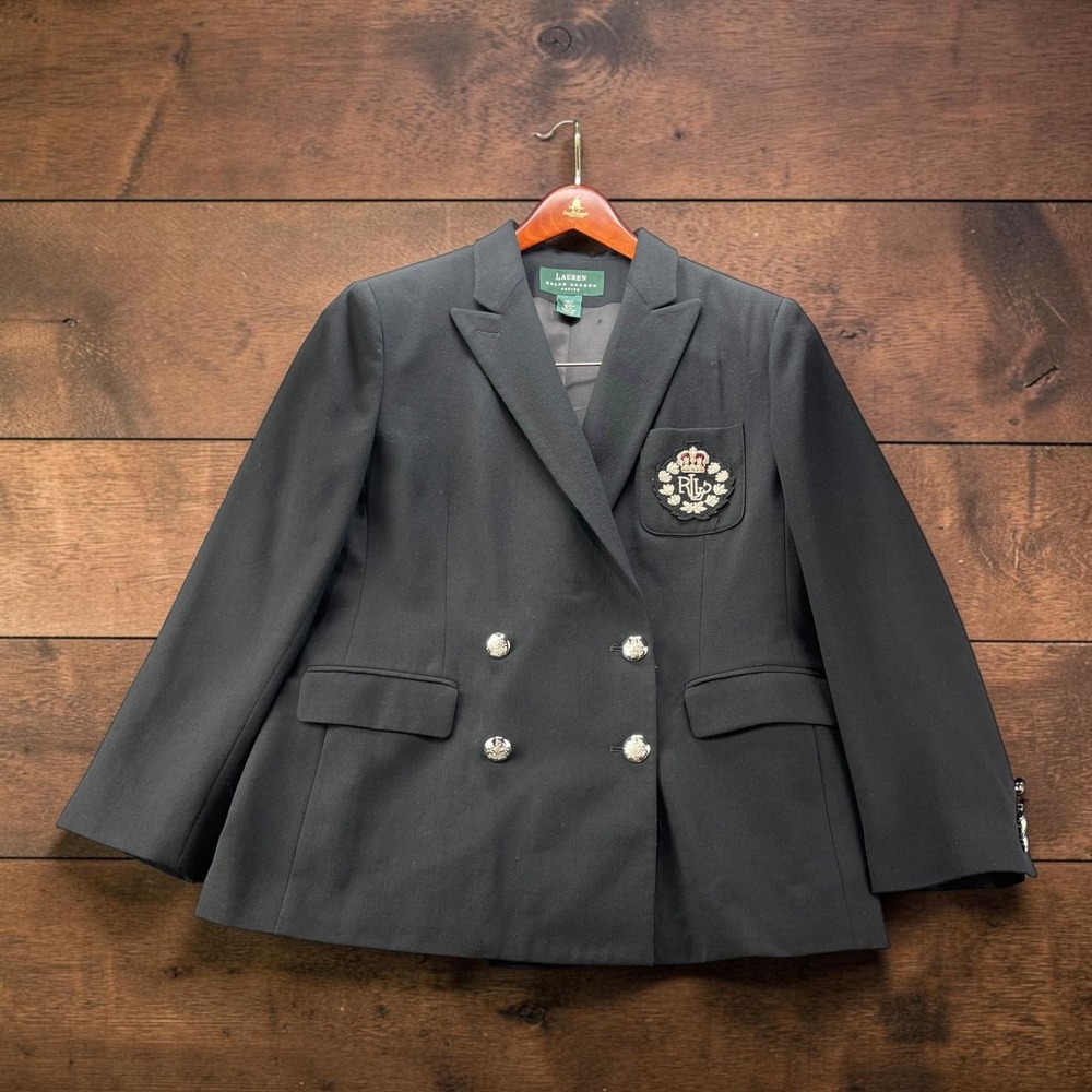 Vintage USA Lauren Ralph Lauren Womens M Black Wool Double Breasted Crest Blazer